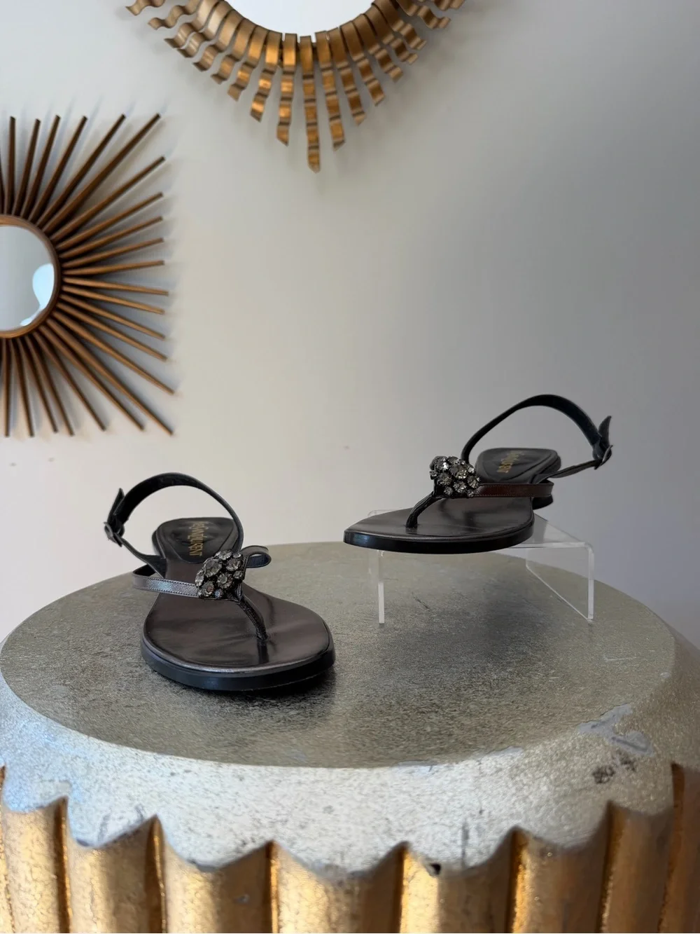 Yves Saint Laurent Black Jeweled T-Strap Slingback Sandals - Picture 3 of 7